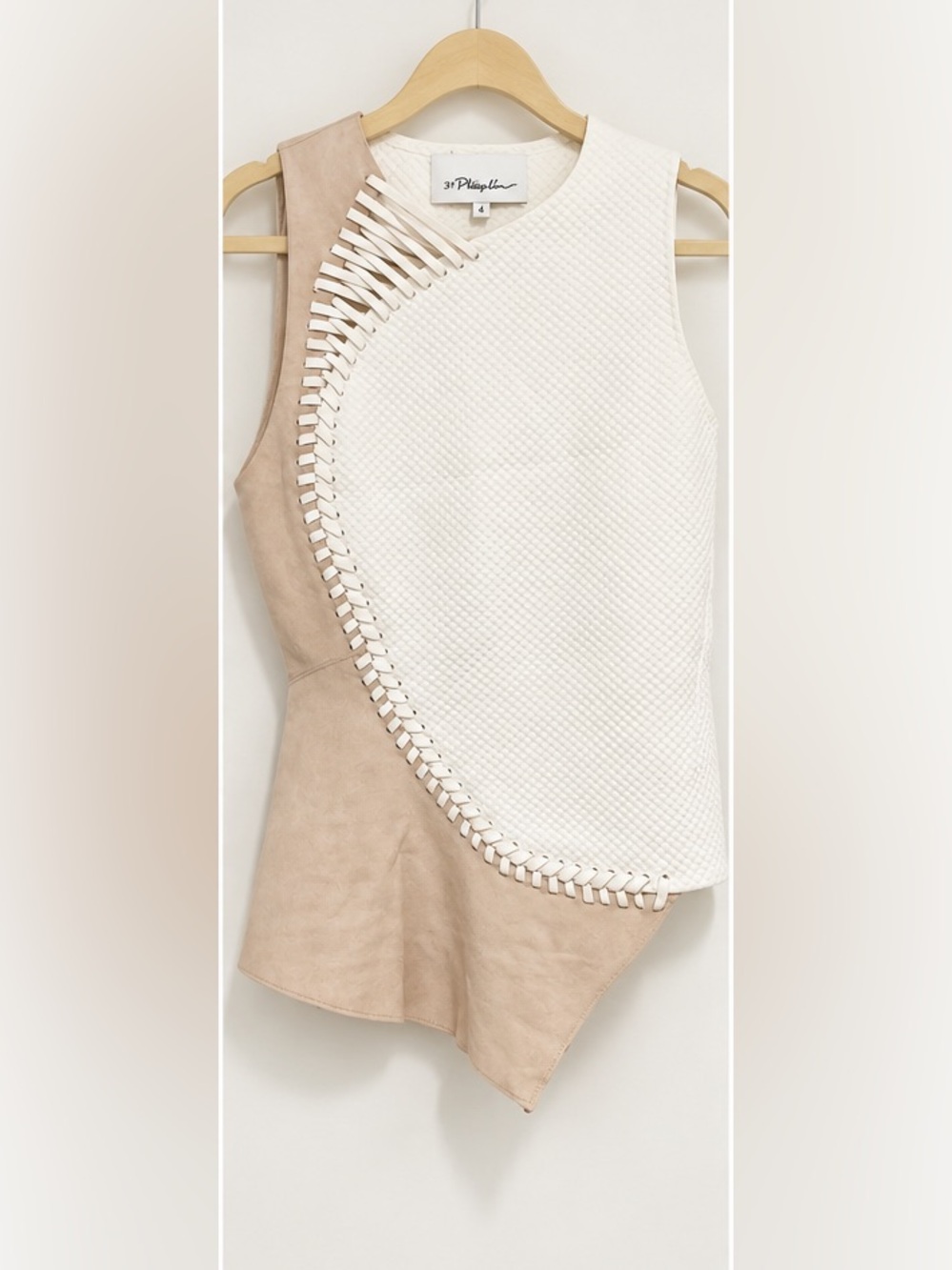 3.1 Phillip Lim Cream Suede Asymmetrical Top Size 4